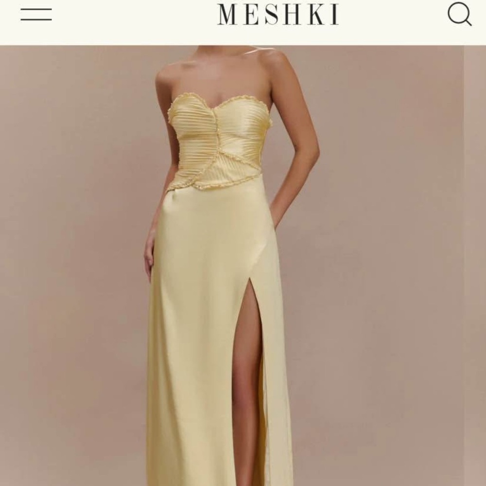 Meshki Strapless Yellow Satin Gown with High Thigh Slit
